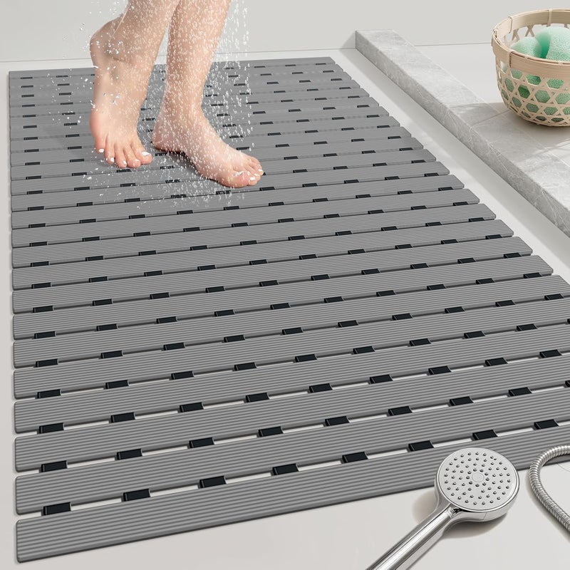 OTHWAY Large Shower Mat, 35.4 x 24 Inch No Suction Cup Shower Mat Non Slip, Quick Drain Large Non Slip Shower Mats for Inside Shower, Heavy Duty Curlable PVC Shower Floor Mat, Dark Grey - Image 1